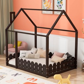 Harper & Bright Designs Full Size House Bed for Kids,Montessori Bed Full Size with Fence-Shaped Guardrails, Wood Toddler Full Floor Bed Frames for Girls, Boys(Full,Espresso)
