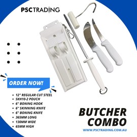 Butchers Pack - 5 Piece Butcher Set Includes 5" Boning Knife, 5" Skinning Knife, 12" Regular Cut Steel, Boning Hook and Scabbard