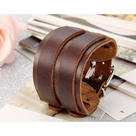 Flongo Men's Leather Bracelet Large Wide Leather Bracelet Bangle Leather Cuff Belt Black Brown Silver Punk Rock Biker Motorcyclist Adjustable Men's Accessories, Leather