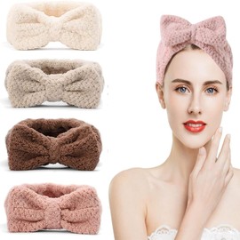 CAVLA 4 Packs Hair Headband Headband to Wash Face for Women Makeup Spa Headband, Hairband Bowknot Head Wrap Coral Fleece Headbands, Washing Face Skincase for Women and Girls
