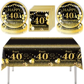 41pcs 40th Anniversary Party Plates Napkins Tableware Tablecloth Set, Black and Gold Forty Years Old Wedding Anniversary Disposable Party Dinnerware for Wedding Party Supply (40th Anniversary)