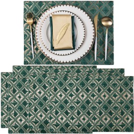 Euroca Cloth Placemats for Dining Table Woven Cotton Fabric Beautiful Design Place Mats Durable Table Mats Patio Table Mat Set (Green Pattern, Set of 6)
