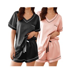 Ekouaer 2 Pack Silk Pajamas for Women Short Sleeve Satin Pj Set Soft V neck Sleepwear Loungewear Black+Light Pink, S