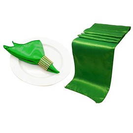 ELINA HOME 5 Satin Table Runner 12 x 108 Inch & 25 Pack 12 x 12 Inch Satin Napkins & 25 Rhinestone Napkin Rings, Party Supplies Christmas Decorations Wedding Birthday Baby Shower (Grass Green)