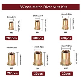 Rivet Nut Tool Kit Rivnut - Napia 850pcs Metric Rivnut Tool Kit M3, M4, M5, M6, M8, M10 RIV Nuts, Carbon Steel Flat Head Hardware Nuts Threaded Inserts for Metal