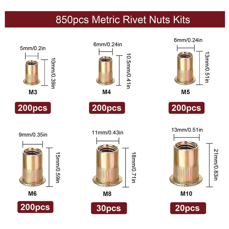 Rivet Nut Tool Kit Rivnut - Napia 850pcs Metric Rivnut