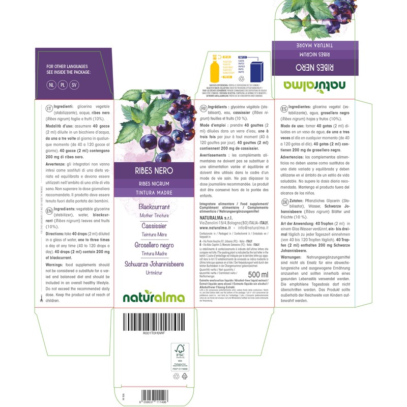 Blackcurrant (Ribes nigrum) Leaves and Fruits Alcohol-Free Mother Tincture Naturalma