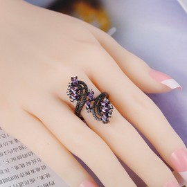 Uloveido Women's Black Plated Leaf Tree Wide Stackable Cocktail Rings with Purple Zircon Crystal (Purple, Size 9) J656