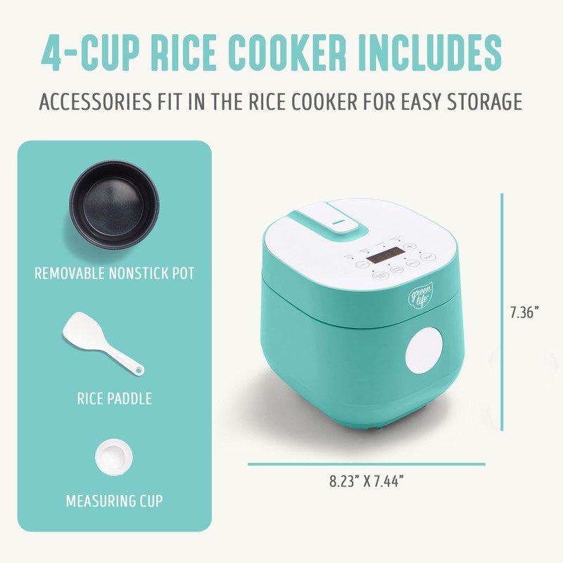 GreenLife Digital Rice Cooker, 2-Cups Uncooked/4-Cups Cooked, Removable Nonstick Ceramic