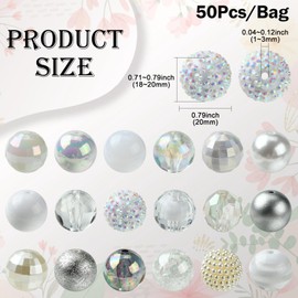 Airssory 50pcs Mixed Styles 20mm White Acrylic Beads, Bubblegum Disco Ball Beads for DIY Jewelry, Bracelet Making, Party Decorations