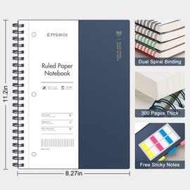 EMSHOI A4 Spiral Notebook College Ruled Lined Journal, 11.2" X 8.27", 300 Perforated Pages, 100gsm 3-Hole Punched Paper, Waterproof Softcover, for School Work Business Writing-Dark Blue