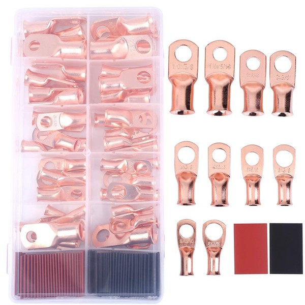50pcs Copper Wire Battery Lugs with 2:1 Heat Shrink Tubings,1/0 2 4 6 8 AWG Eyelets Tubular Ring Terminal Connector with Closed Bare End for Electrical Cable,10 Size Assortment Kit