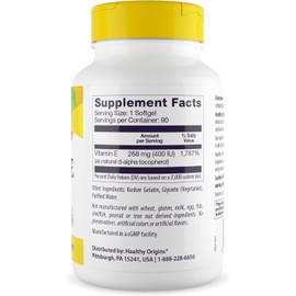 Healthy Origins Vitamin E 400 IU (Natural, Non-GMO, Gluten Free, Skin Support, Cardiovascular Support), 90 Softgels