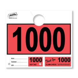 Versa-Tags 1000 Red Car Dealer Service Hang Tags Service Dispatch Numbers, Service Department Numbered Key Tags for Mechanic Repair Shop 3 Part Key Ring - Red (1000-1999)