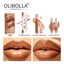 Olibolla Volume Lip Trio Kit Liner,gloss Lipstick Nude Brown