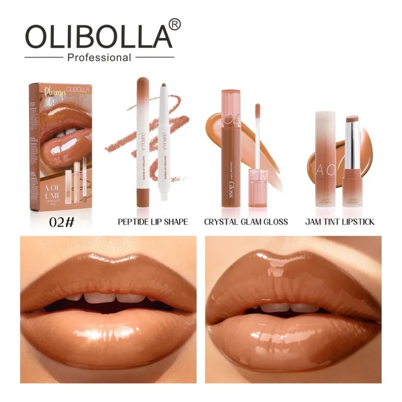 Olibolla Volume Lip Trio Kit Liner,gloss Lipstick Nude Brown