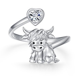 Flyow Highland Cow Ring 925 Sterling Silver Adjustable Cute Animal Cow Open Ring Hypoallergenic Cow Jewelry Gift for Women (N 1/2)
