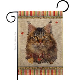 Breeze Decor Cat Maine Coon Happiness Burlap Garden Flag Animals Kitten Meow Spoiled Paw Fur Pet Nature Farm Animal Creature Small Decorative Gift Yard House Banner Double-Sided Made in USA 13 X 18.5