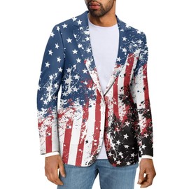 Psaytomey One Button Blazer Jacket for Men - American Flag Star Black Notched Lapel Lightweight Coat With Pockets - Oversized Blazer