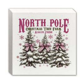 XUNLURY Christmas Tree Farm Wooden Box Sign, Farmhouse Christmas Decor, Pink Christmas Decor, Coquette Pink Bow Christmas Wood Signs for Home Office Desk Shelf Table Decor, 5x5 Inch