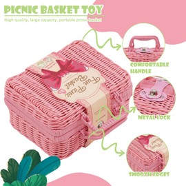 Picknickkorb Kinder,Picknick Kinder Set mit Decke, Schneidbarer Kuchen,Spielzeug Tragekoffer,Dessert,Kaffeemaschine Spielzeug，Matschküche Kinder Outdoor,Kinderküche Zubehör 3 4 5 Jahre(Rosa)