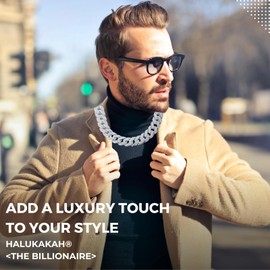 Halukakah Diamond Gold Chain for Men,Platinum White Gold Plated Fully Iced Out 15MM Miami Cuban Link Chain Necklace 18In(45cm),Lab Diamond Prong Set,Present for Husband,Boyfriend,Son,Friend