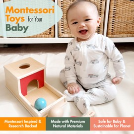 Bujjify Montessori Essentials 7-8 Months Infant Toys - Object Permanence Box, Baby Led Weaning, Feeding Set, Wooden Sensory Musical Instruments, Puzzle, Board Book, Flash Cards, Gifts Basket