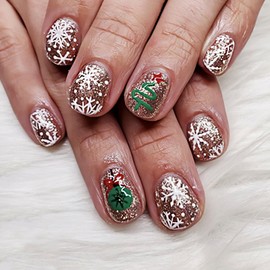 Christmas Bling Press on Nails Extra Short Square Fake Nails with Santa Tree Snowmen Design Gold Glitter False Nails Xmas Winter Glue on Nails Full Cover Artificial Stick on Nails for Women Girl 24Pcs