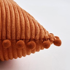 MIULEE Fall Boho Decorative Throw Pillow Covers with Pom-poms, Soft Corduroy Solid Lumbar Cushion Cases for Couch Sofa Bedroom, 18x18 inch Rust