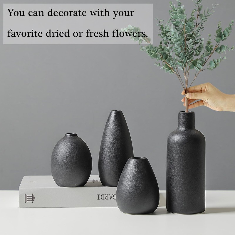 CEMABT Black Ceramic Vase Set - 4 Small Unique Vases