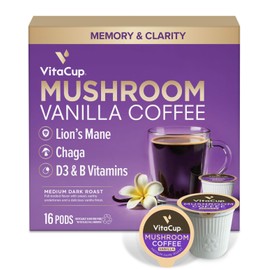 VitaCup Mushroom Coffee Pods, Vanilla Flavored Coffee with Chaga, Lion’s Mane, Vitamins, Medium Dark Roast Arabica Beans, Single Serve Pods Compatible with Keurig K-Cup Brewers, 16 Ct