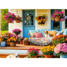 300 Piece Puzzles for Adult, Colorful Flower Jigsaw Puzzle 300 Pieces for Adults Kids Seniors, Beautiful House and Puppy Adults Puzzle for Family and Friends Party Gifts Decor 20.5×15 in