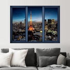 SIGNWIN Removable Wall Sticker/Wall Mural Window View Night Neon Light Cityscape Nature Wilderness Photography Realism Decorative Landscape Digital Art for Living Room, Bedroom, Office - 24"x32"