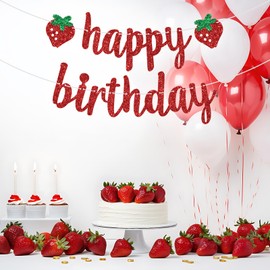Strawberry Happy Birthday Banner, Sweet One Birthday Decorations, Berry Sweet Girl, Strawberry Theme Birthday Baby Shower Party Decorations, Red Glitter