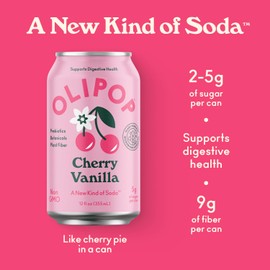 OLIPOP Prebiotic Soda Pop, Cherry Vanilla, A New Kind of Soda Packed with Prebiotics, Fiber, and Botanicals, Gluten Free, Vegan, GMO Free, 12oz (12-Cans)