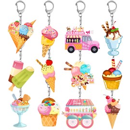 YYMYMGJ 12 PCS Ice Cream Party Favors 12 Style Ice Cream Acrylic Keychains for Ice Cream Birthday Party Decorations Supplies Gifts for Kids Classroom Prizes
