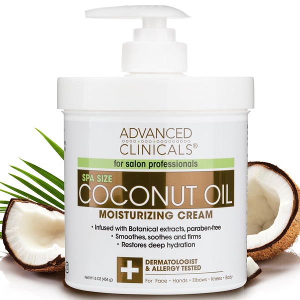 Advanced Clinicals Coconut Oil Cream. Spa size 16oz Moisturizing Cream. Coconut Oil for Face, Hands, Hair.
