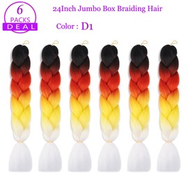Jumbo Box Braiding Hair Extensions 24 Inch Black to Red Yellow White High Temperature Synthetic Fiber 6 pcs Ombre Colored Braiding Hair Twist Crochet Braids for Black Women(24",D1)