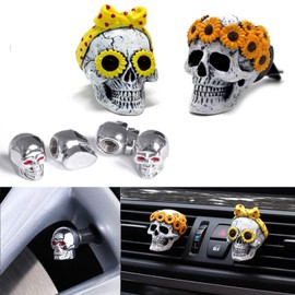 x xotic tech Sugar Skull Car Air Vent Clips, Daisy Flower Ghost Head Car Air Fresheners Vent Clips Diffusers with Fragrance Pads Funny Goth Skull Car Interior Accessories w/4PCS Tire Stem Valve Caps