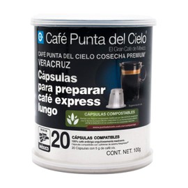 Café Punta del Cielo | Lata con 20 Cápsulas Express para Preparar Café de la Cosecha Premium Región Veracruz Compatibles con el Sistema Nespresso Contenido 100 Gramos
