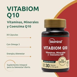 Biomiral Vitabiom Q10 - Suplementos Alimenticios - Coenzima Q10, Omega 3, Vitaminas y Minerales - 30 Cápsulas 720 mg c/u - Energía - Libre de OGM
