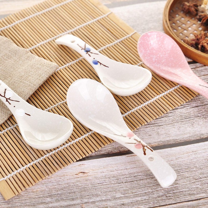 VanEnjoy Set of 4 Chinese/Japanese Ceramic Soup Spoons, Pink Cherry