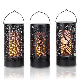 TRIROCKS LED Flame Effect Light, 7-Inch High Battery Operated Breathing Lamp, Floral Hollow Design Lantern Set with Timer, 3-Pack Iron Decorative Lighting for Indoor/Outdoor, Patio, Garden, Deck, Yard