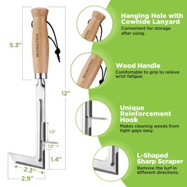 WORKPRO Crack Weeder, 12" Stainless Steel Crevice Weeding Tool with Beech Wood Handle, L-Shaped Side-Walk Weed Puller Spatula, for Garden Lawn Yard Patio Terrace Paving Moss, Small Gardening Tool