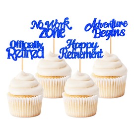 Keaziu - Juego de 24 adornos para cupcakes de jubilación oficialmente jubilados, sin zona de trabajo, para fiestas de cumpleaños, decoración de pasteles, color azul