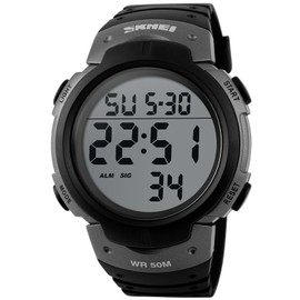 PASOY Mens Women Digital Watch Big Dial Light LED Swim Waterproof Rubber Band Alarm Black LED Watches 50MM (Silver)