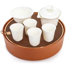 Eorbow 7 Pcs Chinese Gongfu Tea Set, Ceramic Japanese Tea Set for Adults, White Gaiwan Teapot with Large Tea Tray & 5 Tea Cups, Giftable Tea Ware Set for Home, Office, Gathering, Tea Lovers