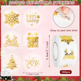 500Pcs Merry Christmas Stickers Circle Gold Elk Snow Deer Tree Christmas Stickers for Cards Gift Christmas Labels Stickers 1.38in Xmas Gift Tags Decor for Envelope Seal (Transparent)
