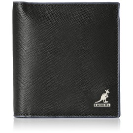 Kangol Bifold Wallet, Metal Logo, Luxury Square Grain Cow Leather, Bi-Color, Side Opening, Bill Compartment, Black