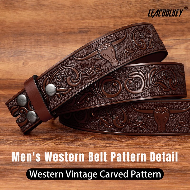 LEACOOLKEY Western Leather Belt Strap for Men Cowboy Belts without